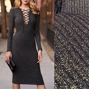 Bardot for Anthropologie | Romeo Lace-Up Midi Dress | Black & Gold | Size 8